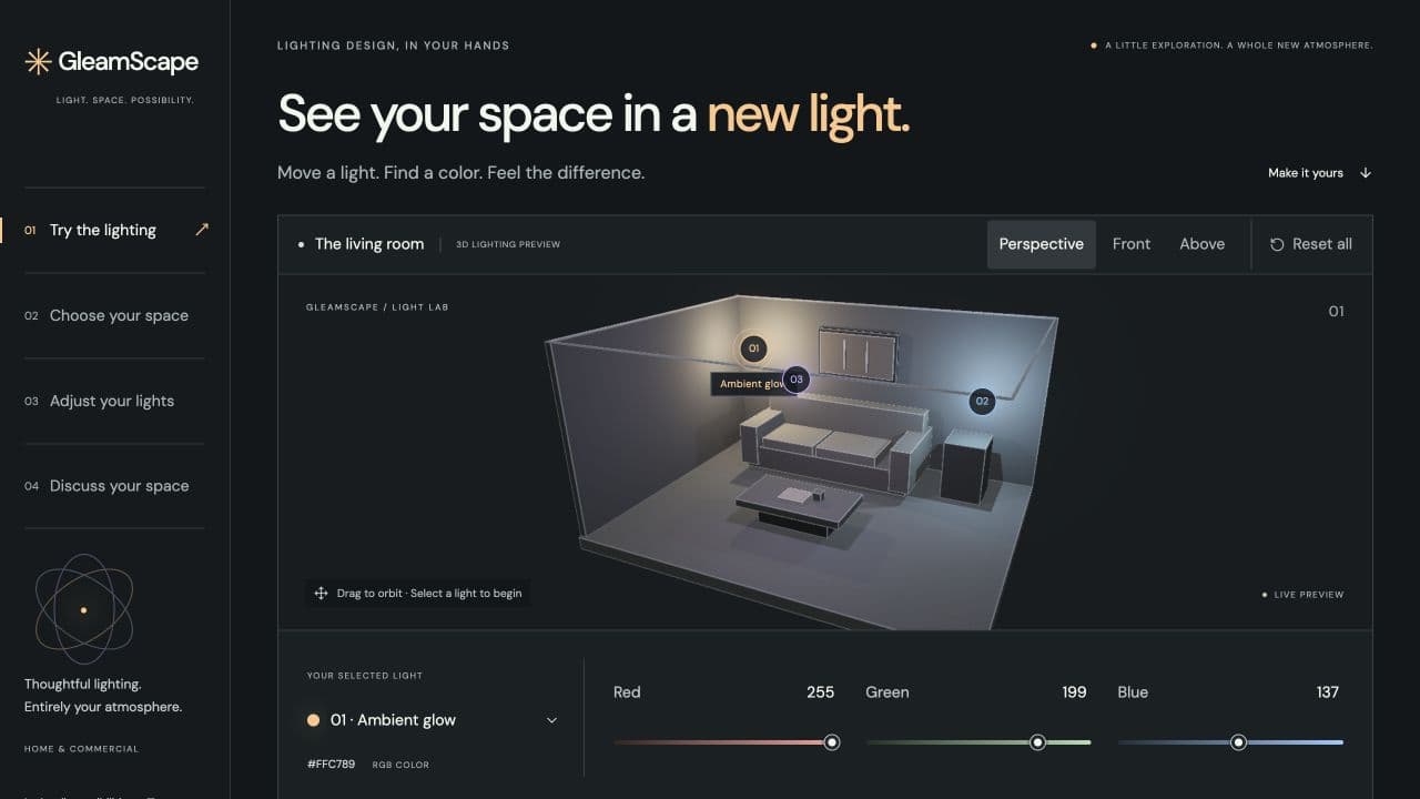 GleamScape: Desktop opening at 1440 × 1000 with the numbered rail, architectural room, and RGB shelf.