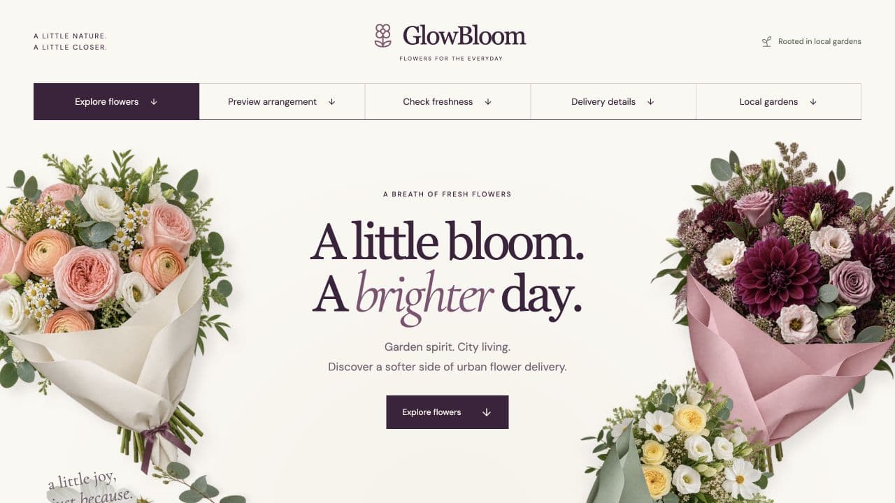 GlowBloom: Desktop masthead and navigation without number prefixes, above the preserved floral collage.