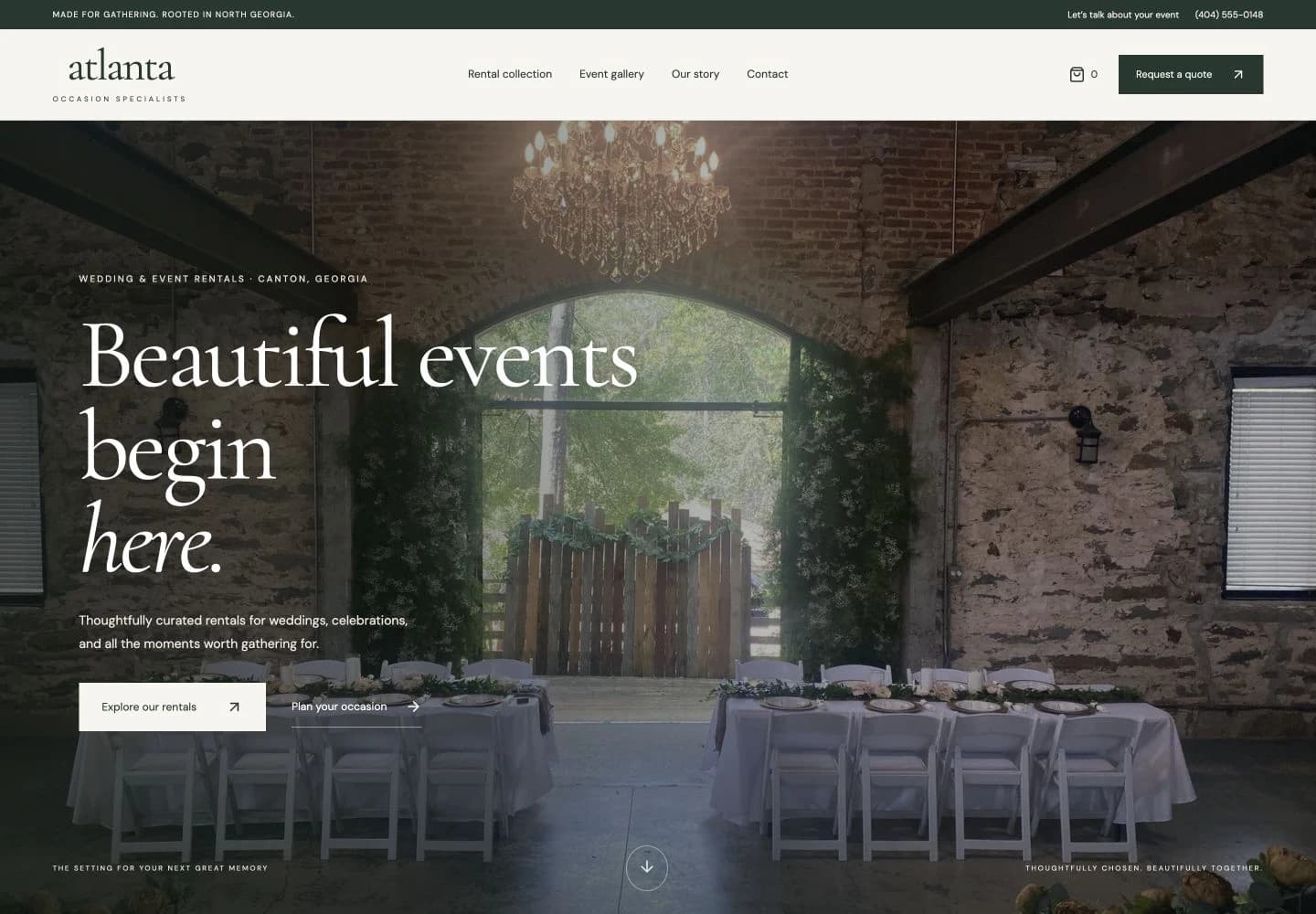 Atlanta Occasion Specialists website with elegant ivory typography over a sunlit reception room and a curated rental collection