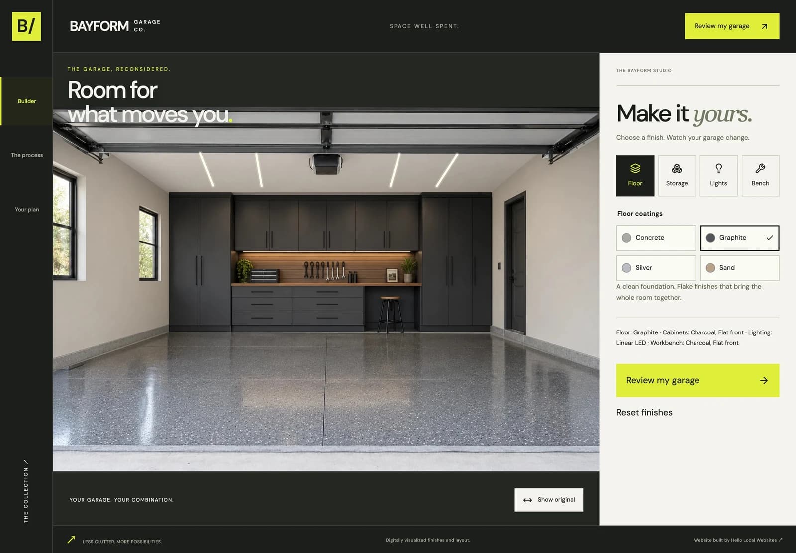 Bayform Garage Co. website with charcoal typography, electric yellow details and an organized garage