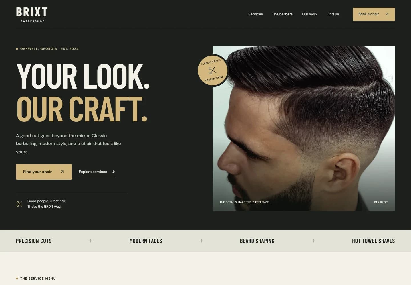 BRIXT Barbershop website with charcoal-and-gold typography and a stock haircut photograph