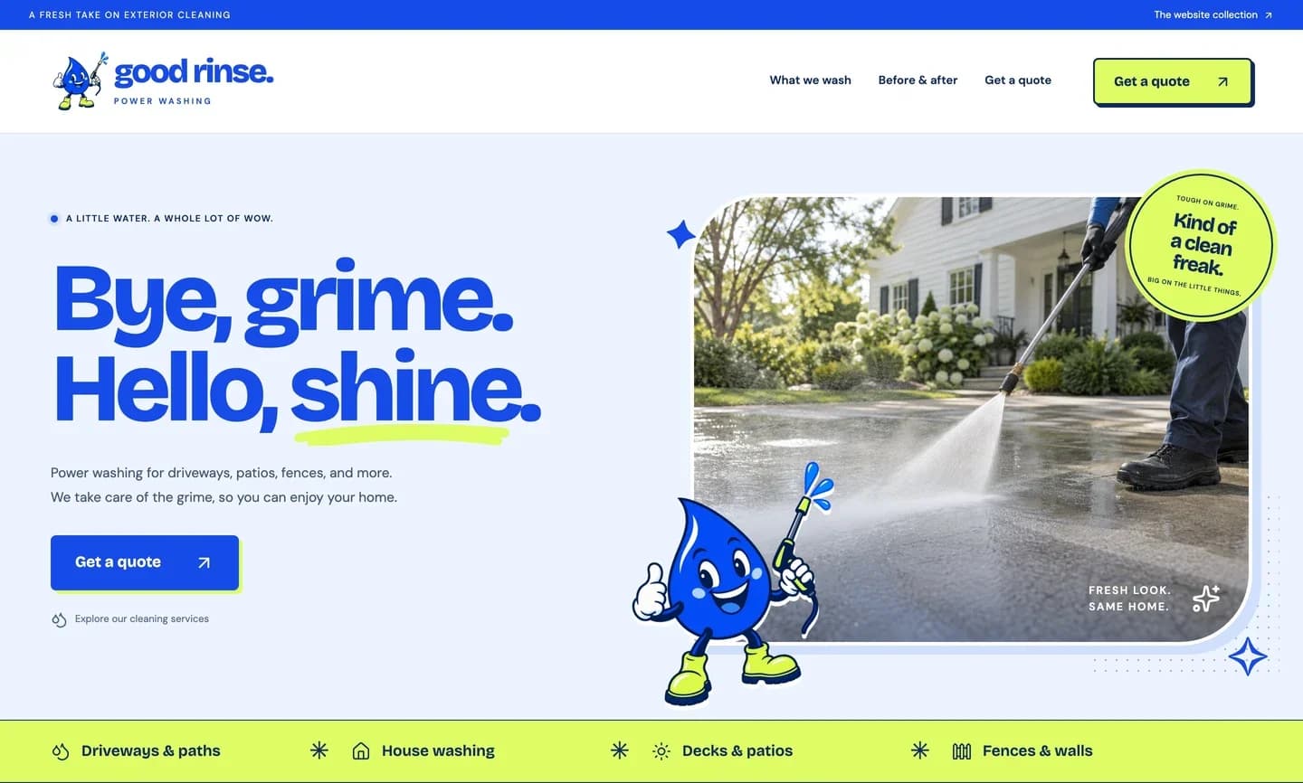 Good Rinse website with the headline Bye, grime. Hello, shine., bright blue lettering, lime accents, and a water-drop mascot
