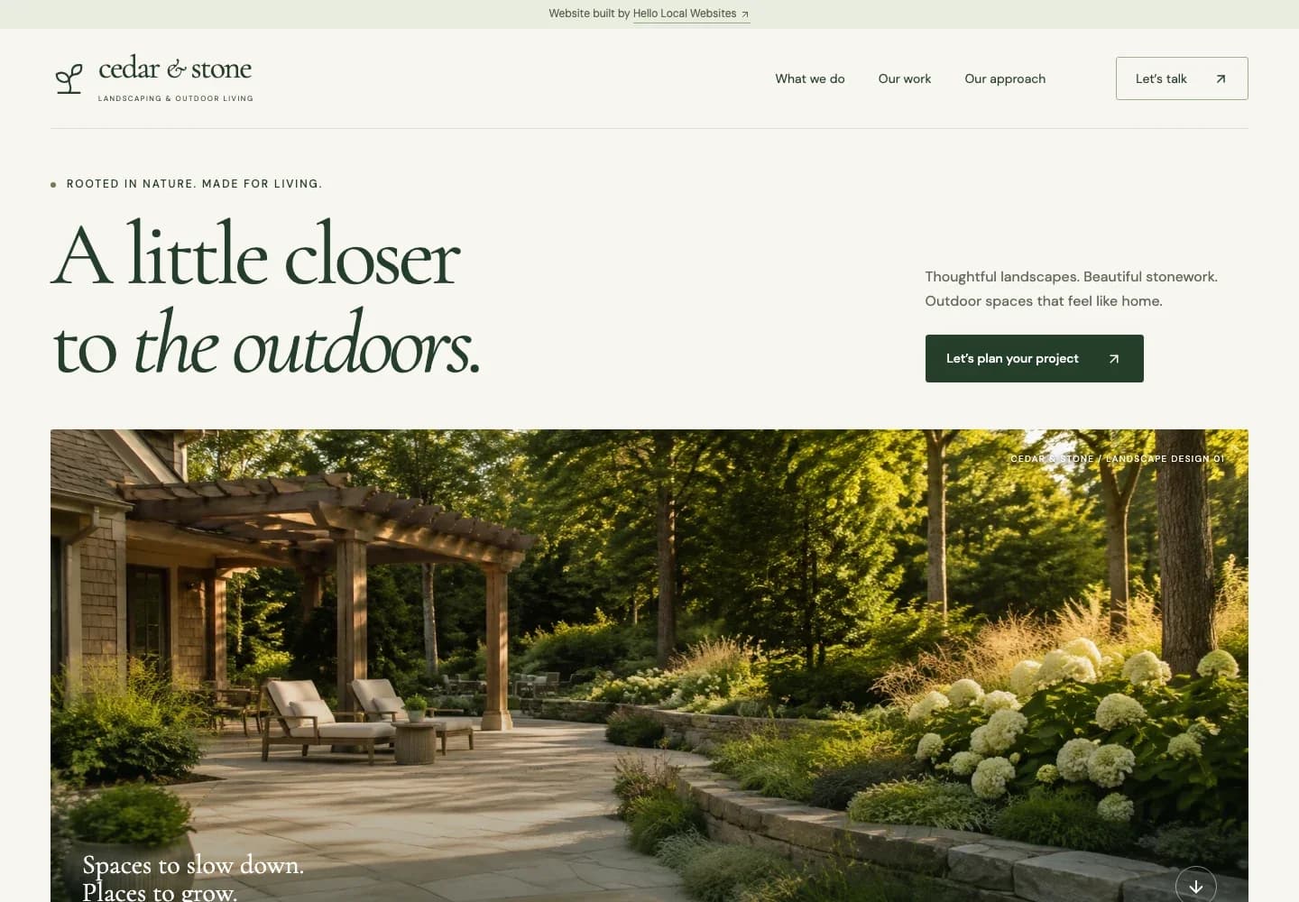 Cedar and Stone landscape website with forest-green typography, a garden photograph, and a Website built by Hello Local Websites credit