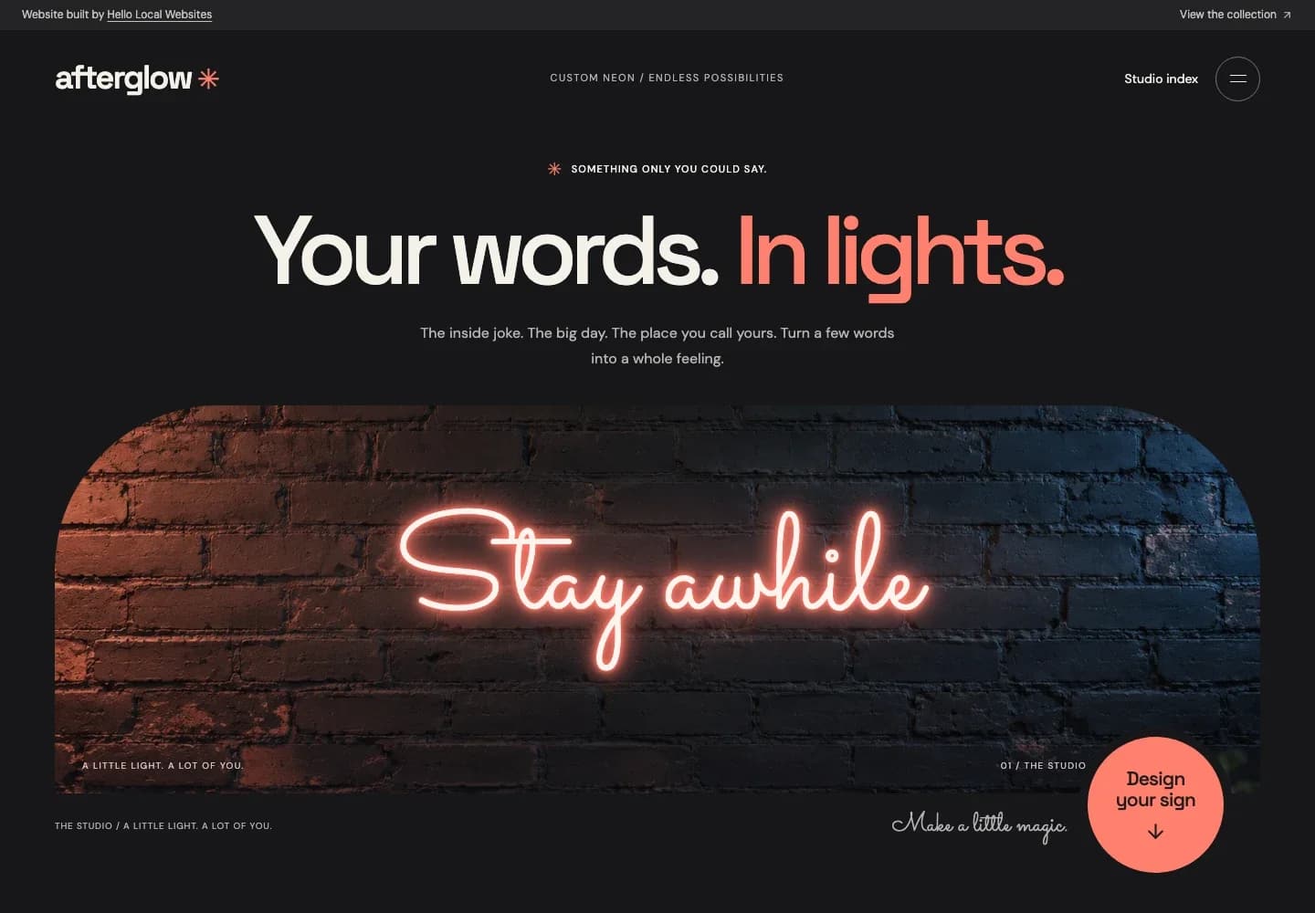 Afterglow neon studio website with coral typography, a panoramic glowing sign, and a circular design button