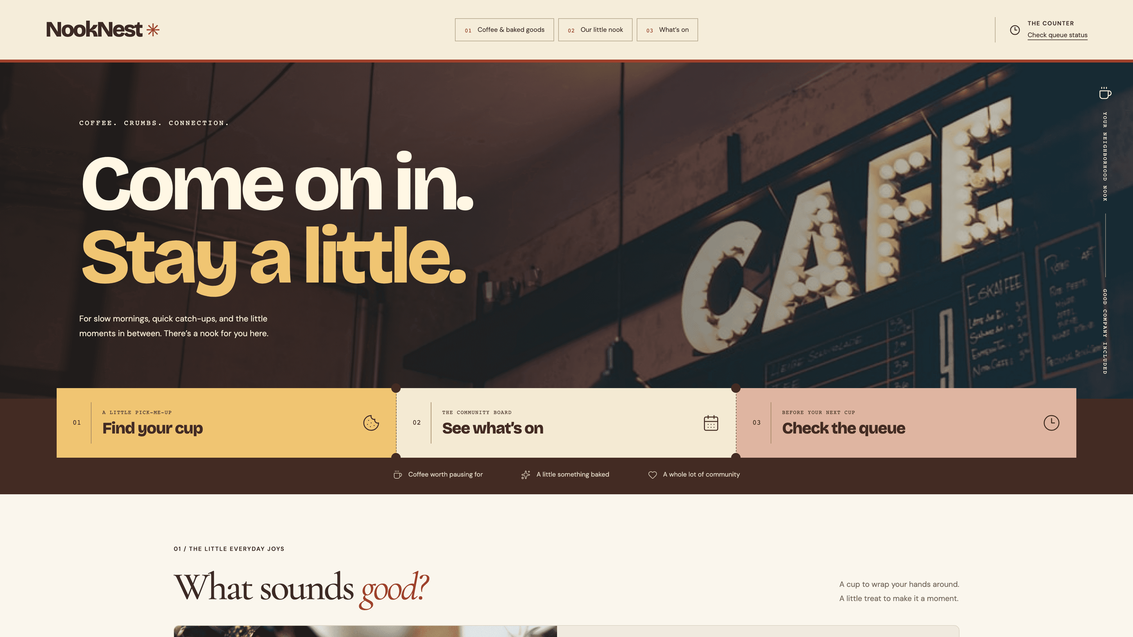 NookNest: Desktop opening with full-width café photography, bold cream and gold lettering, and three paper navigation tickets.