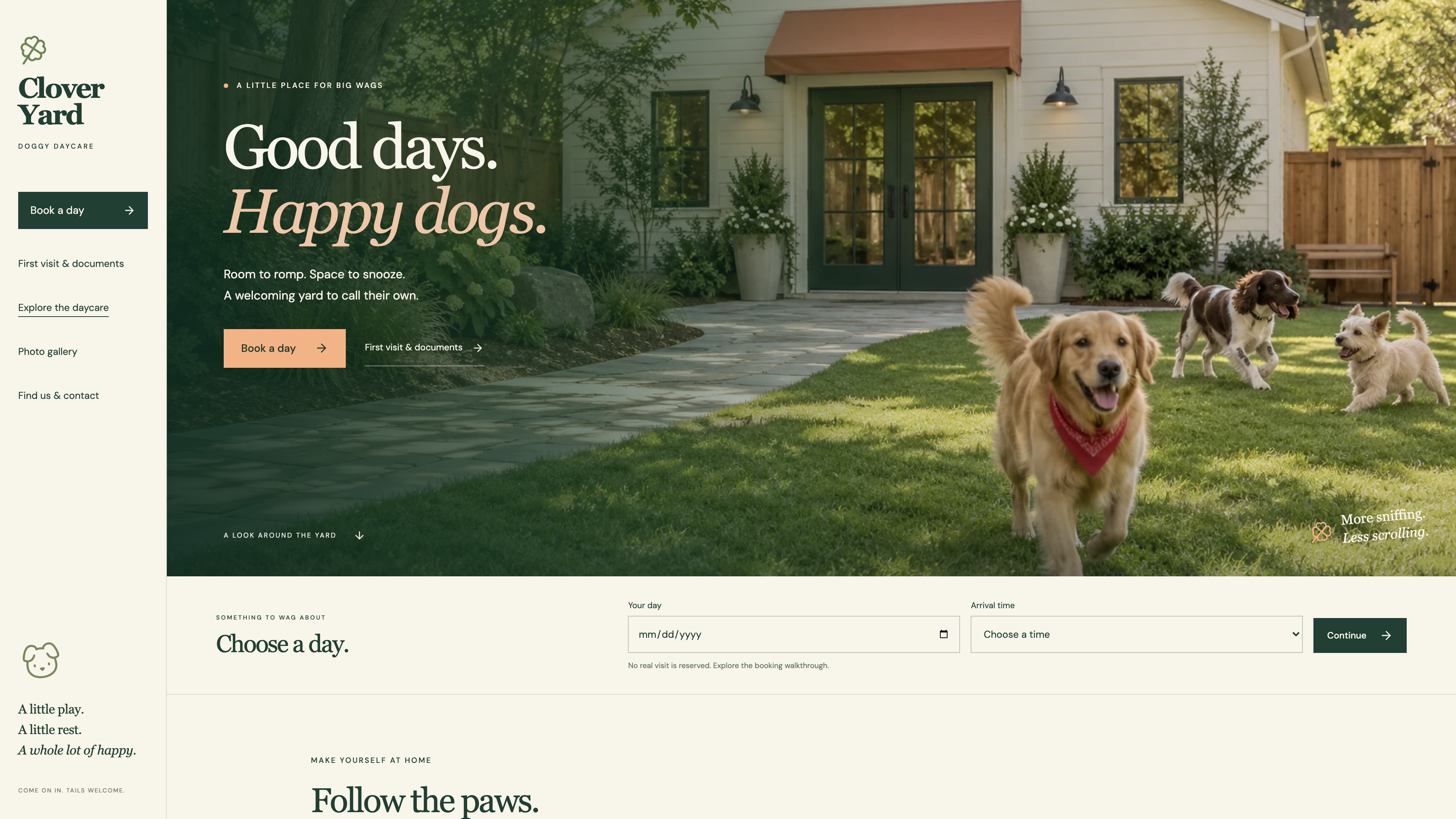 Clover Yard: Desktop courtyard hero with cream task rail, serif headline and booking actions.