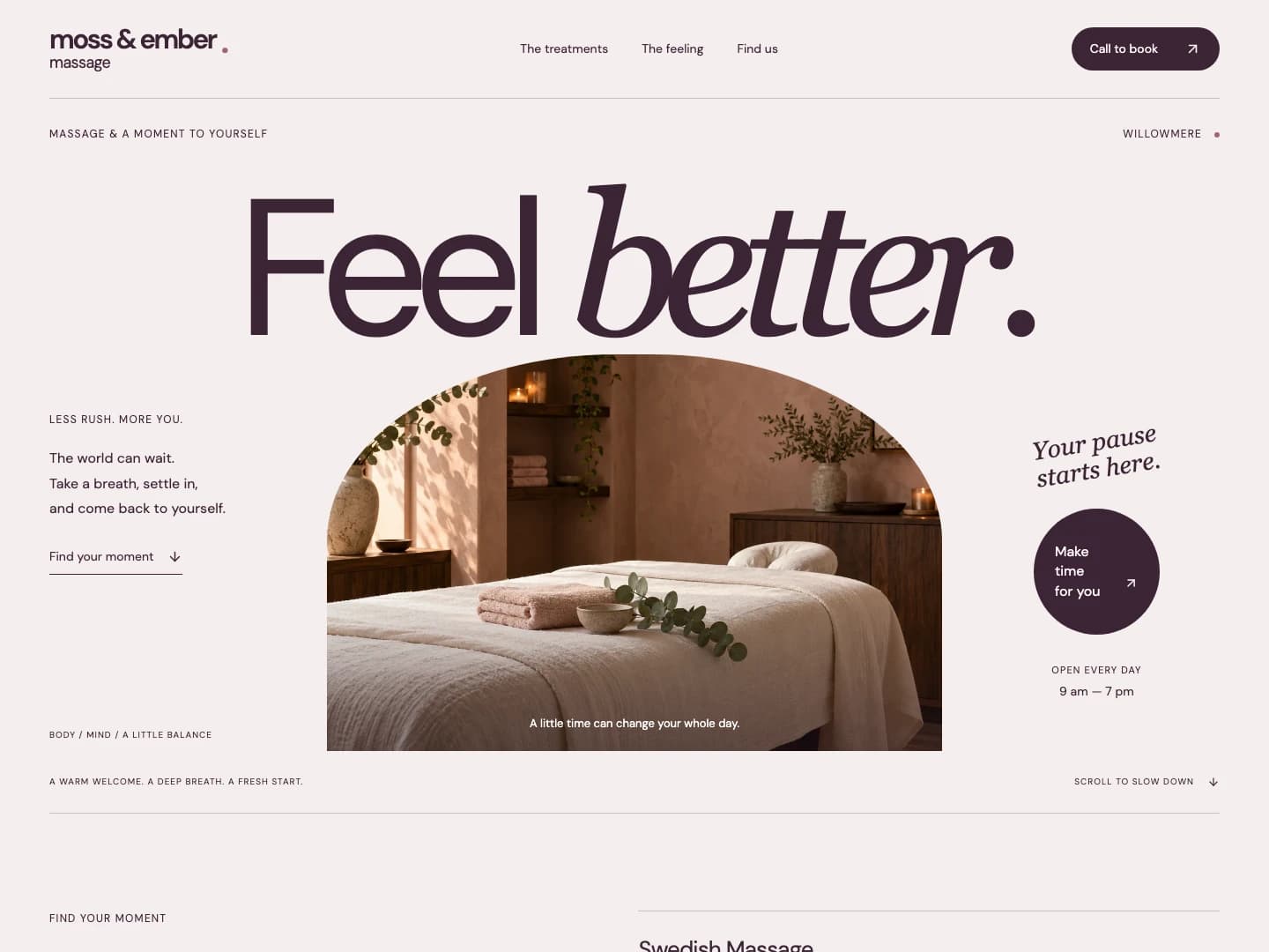 Moss & Ember Massage website with plum typography and an arched sunlit studio photograph