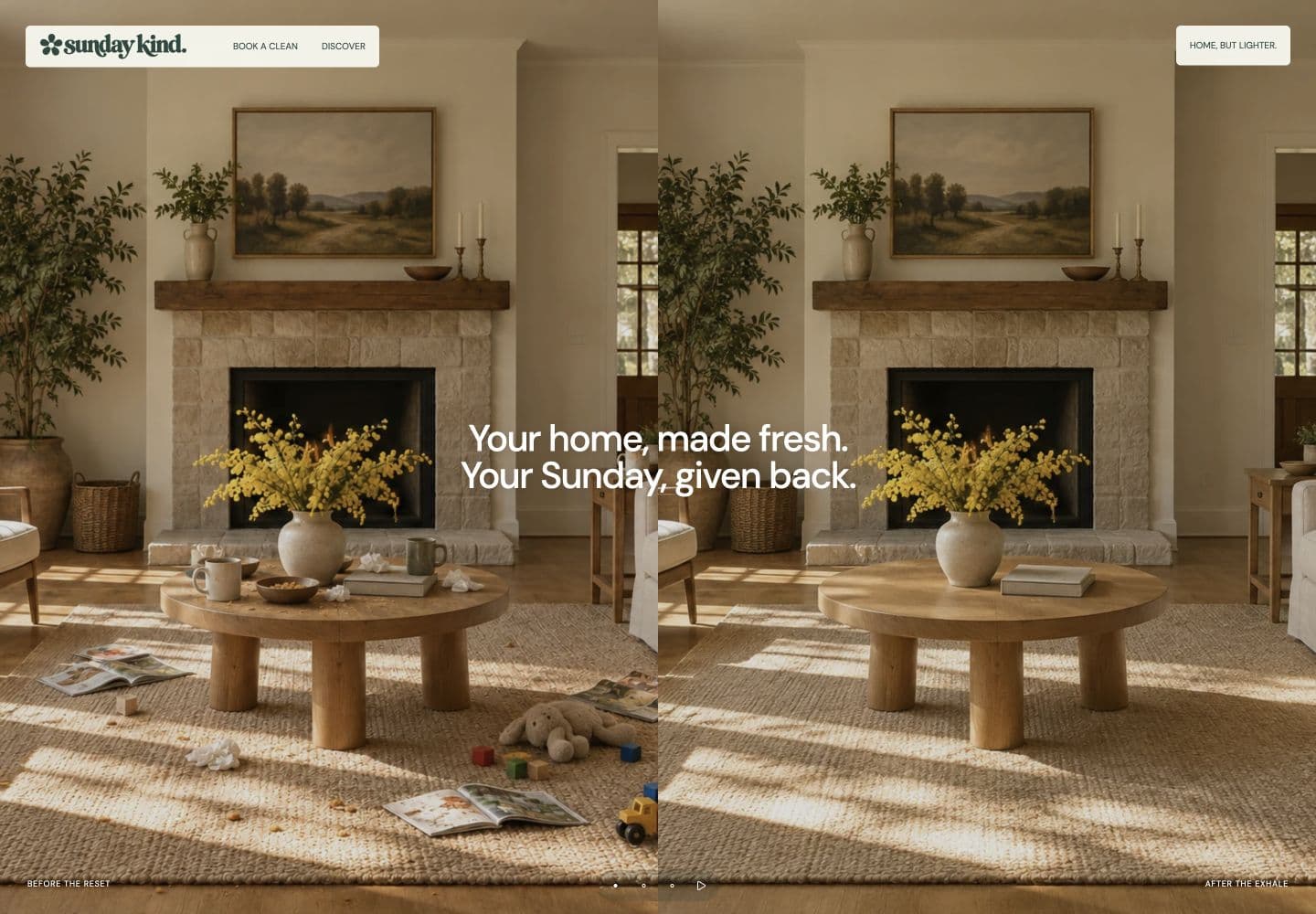 Sunday Kind website with a flower logo, forest-green navigation, and a sunlit before-and-after living room