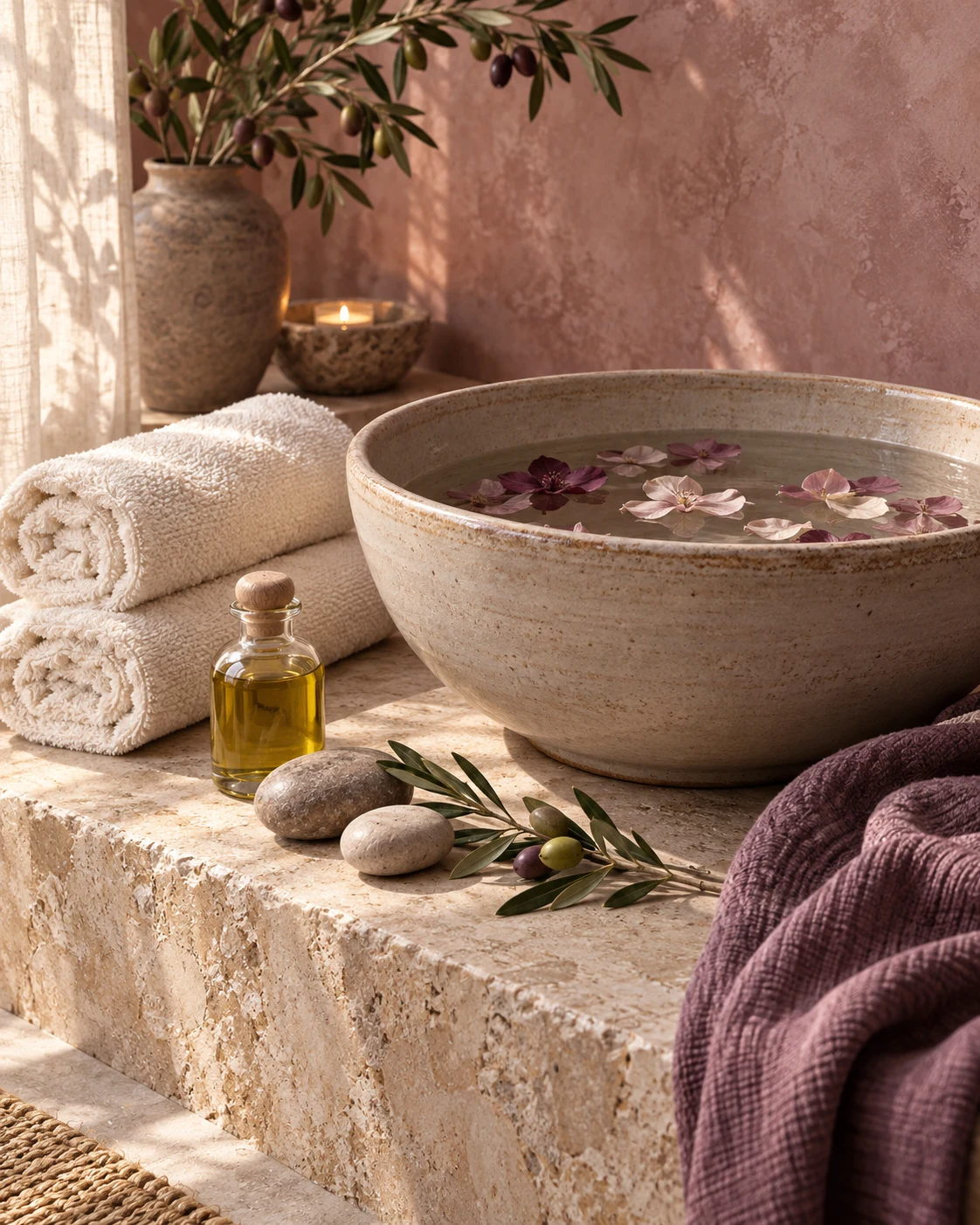 A ceramic soaking bowl, folded towels, and botanical oils
