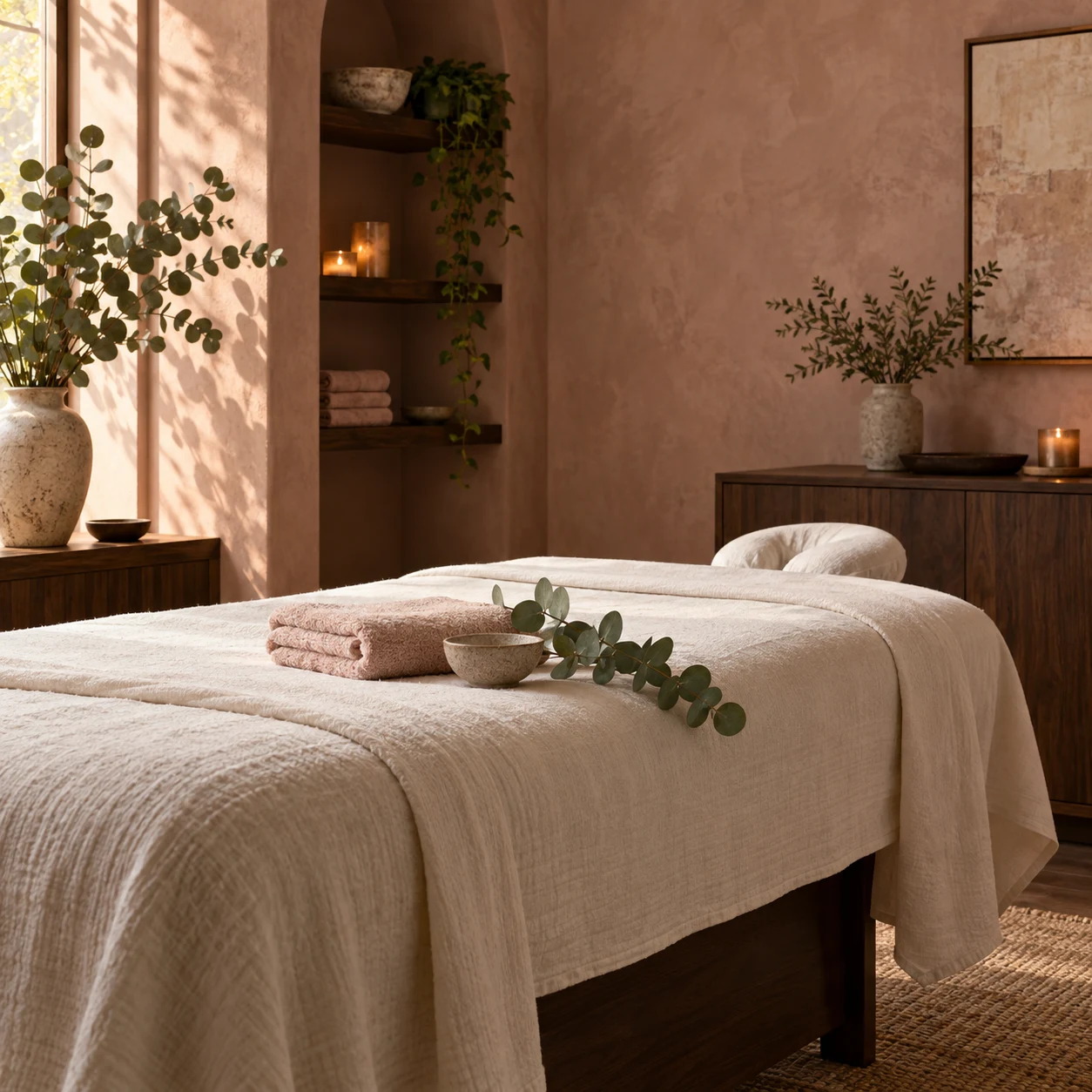 A sunlit massage room with soft linen, eucalyptus, and rose plaster walls
