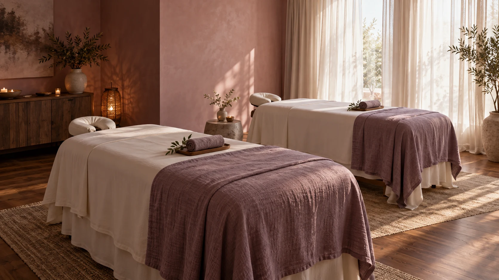 Two linen-covered massage tables in a warm, softly lit room