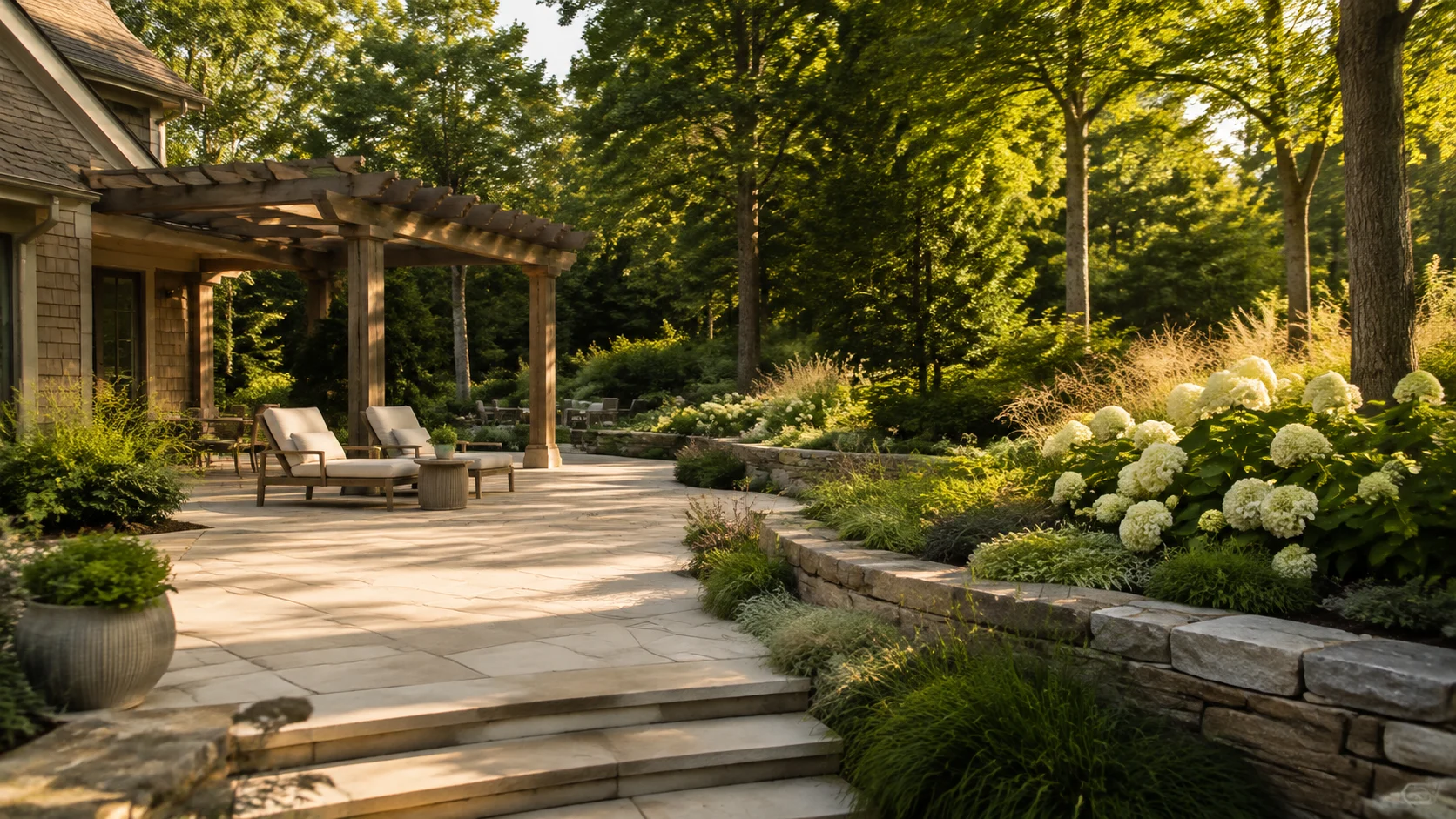 Sunlit limestone patio framed by native grasses, hydrangeas, and mature trees — landscape design