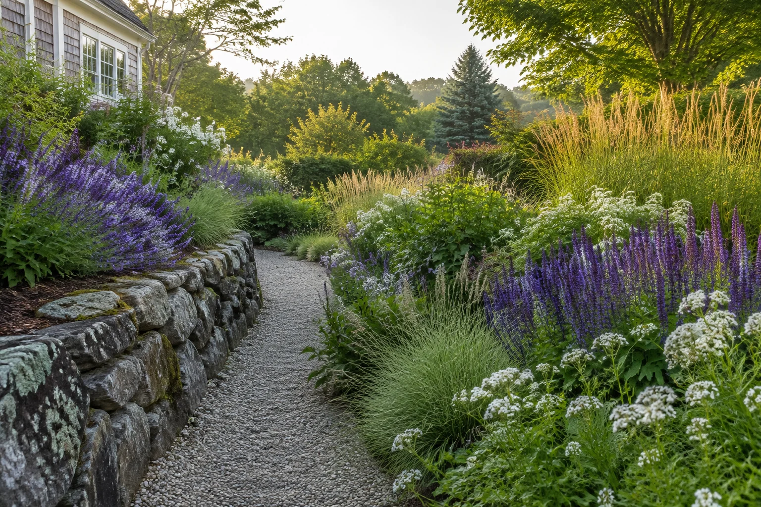 Gravel garden path winding through purple salvia and native perennial planting — landscape design