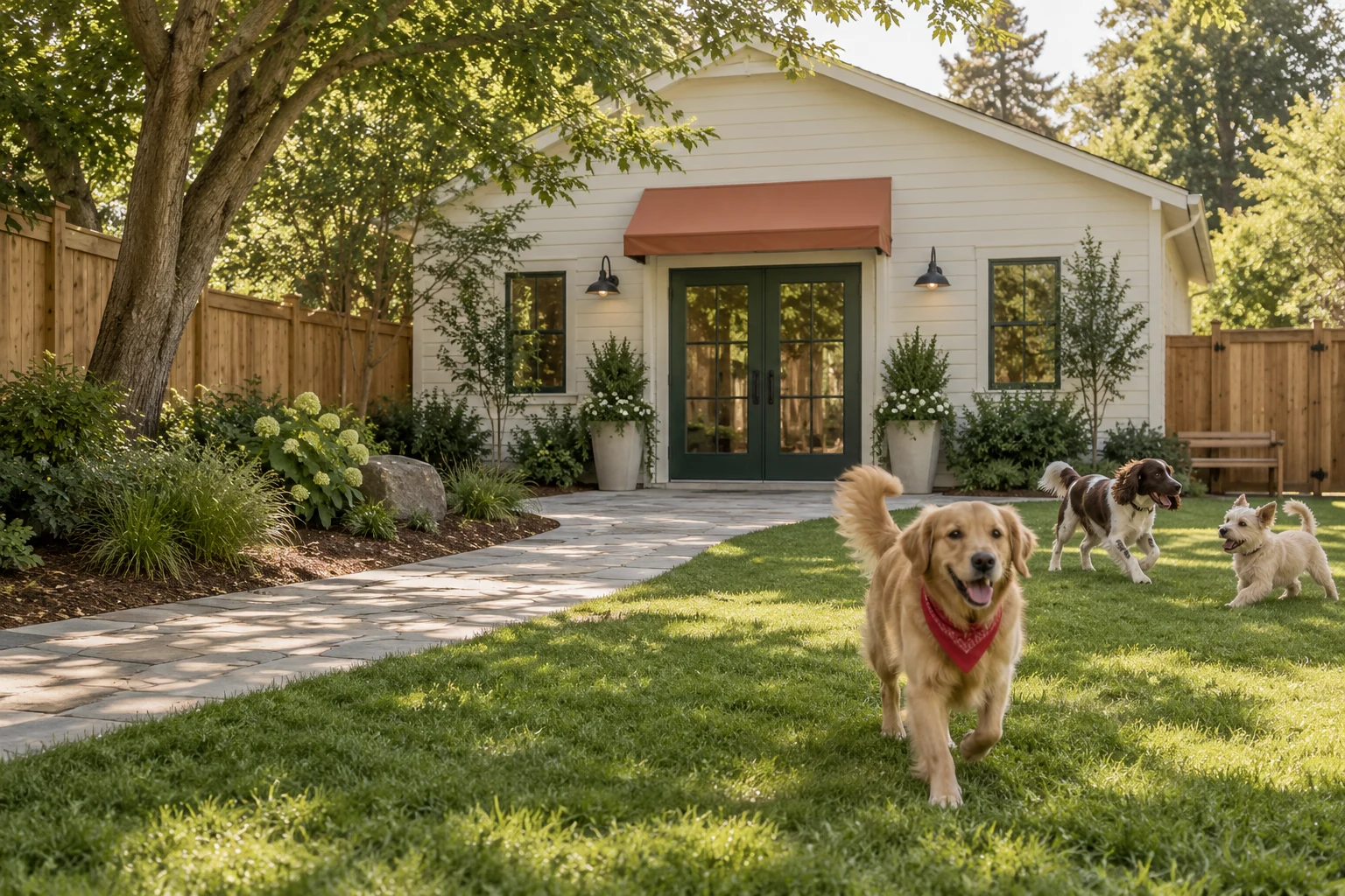 Three happy dogs in Clover Yard’s sunny courtyard outside the green doors