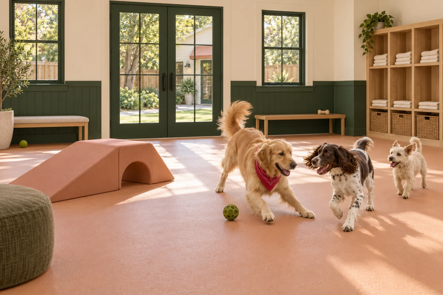 Golden retriever and spaniel in the cream and green playroom with peach flooring