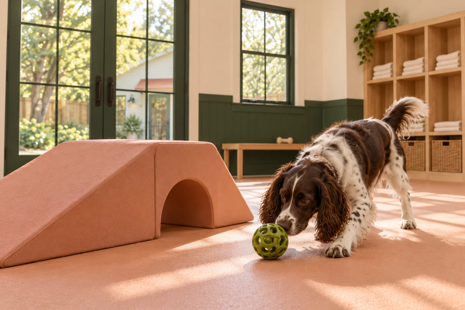 Playroom details with a peach foam ramp and olive toys against green lower wall panels