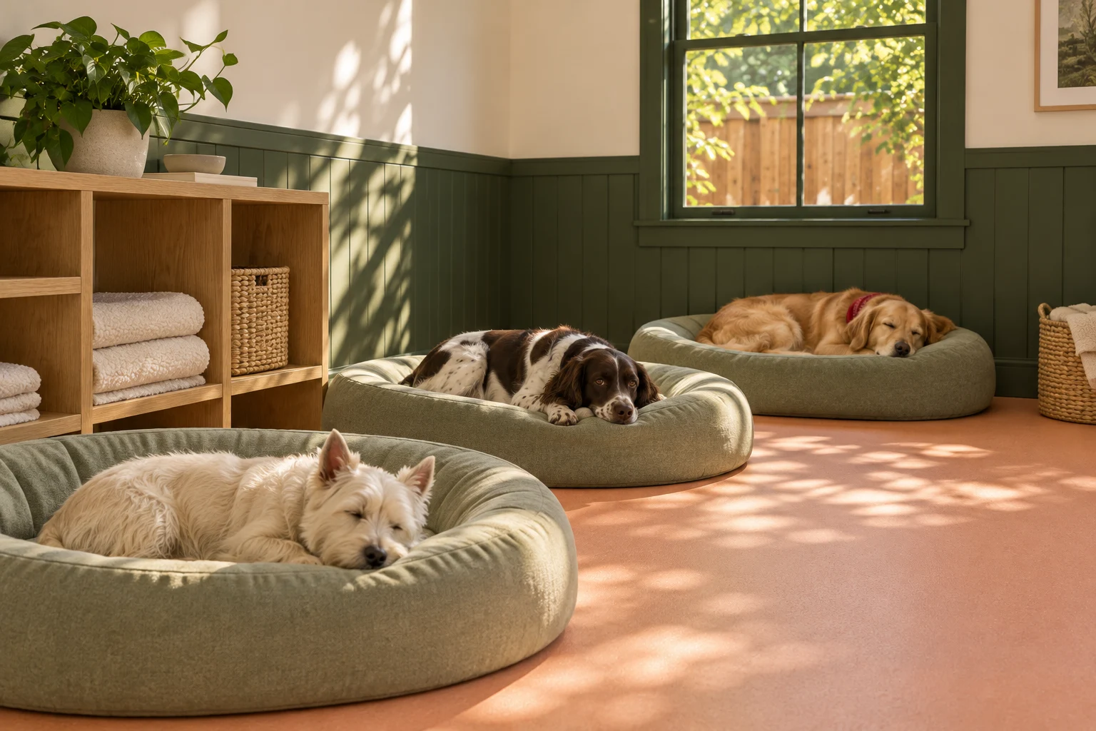 Dogs resting on sage beds in Clover Yard’s green-paneled quiet room