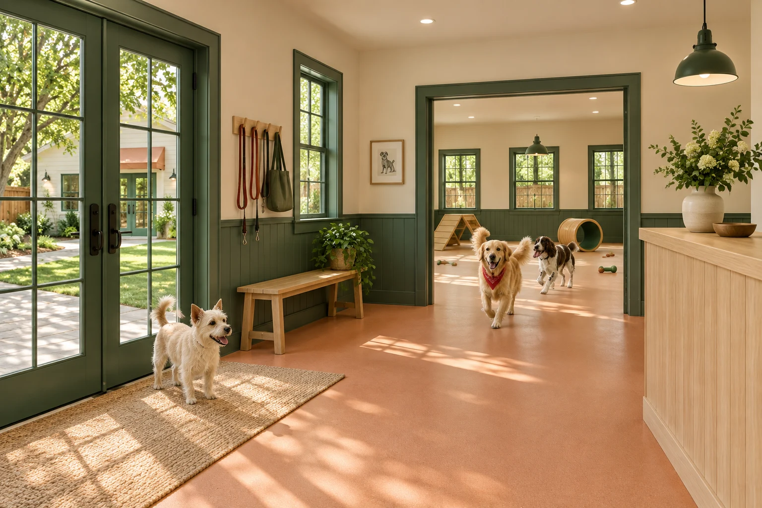 Clover Yard reception with an oak counter, green doors and peach flooring