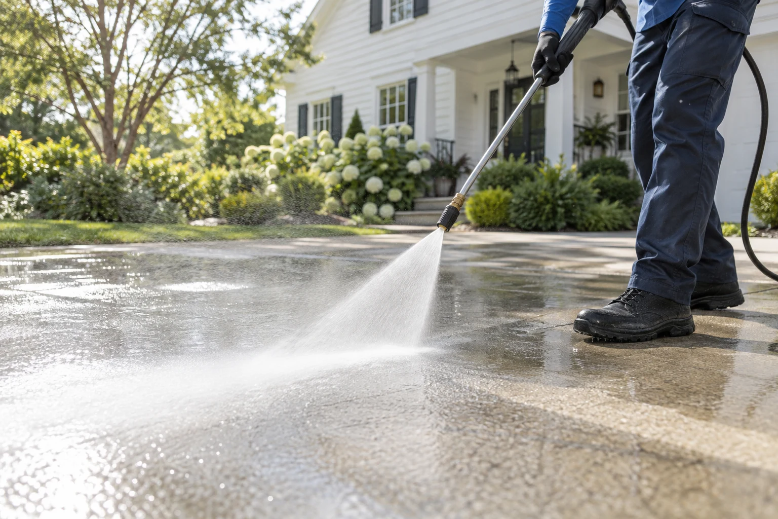 A power washing wand rinses a sunlit concrete driveway