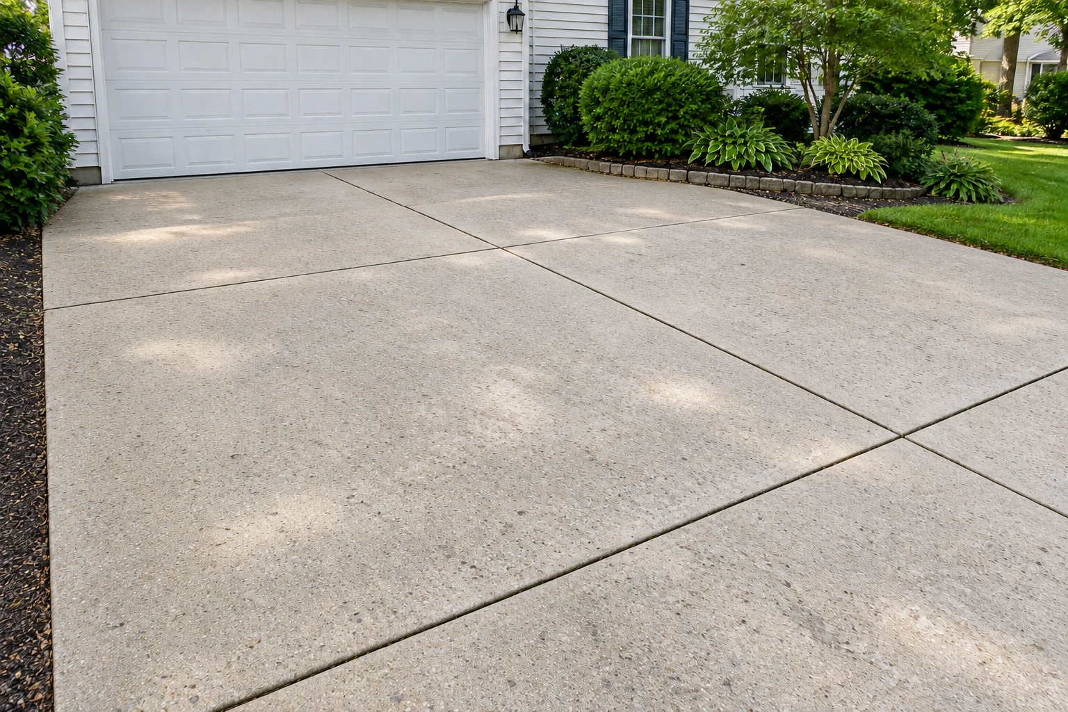 A concrete driveway and garage, after cleaning