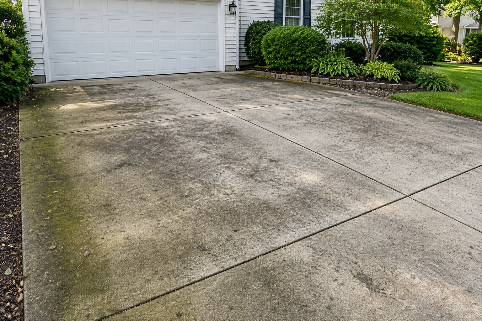 A concrete driveway and garage, before cleaning