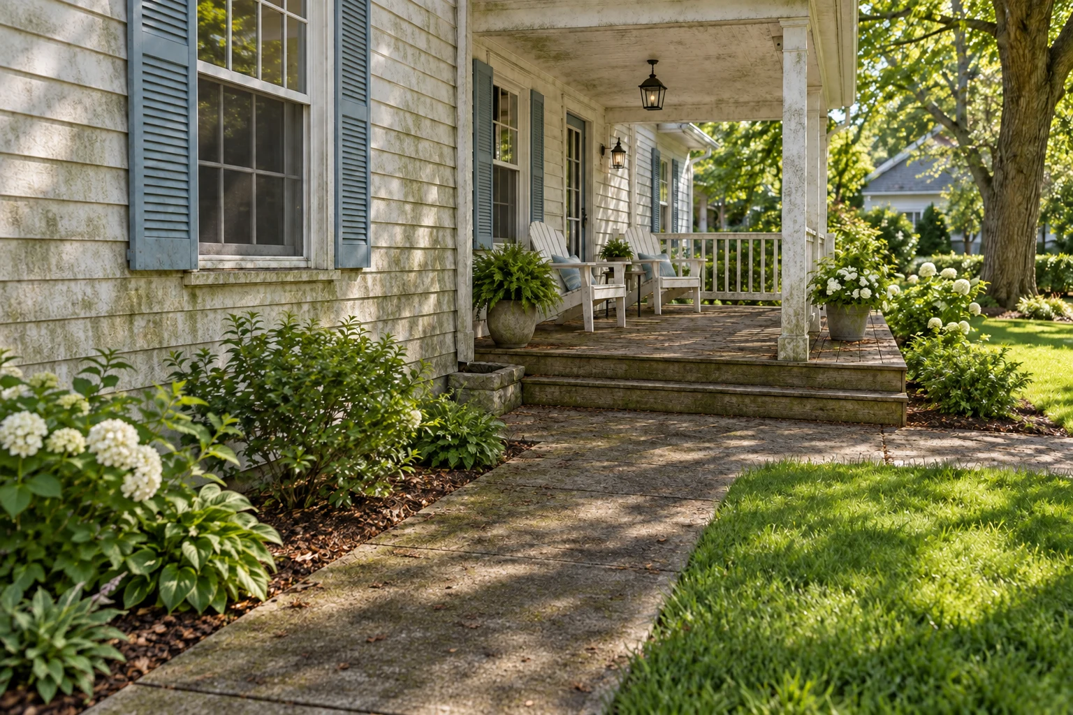 A white home with blue shutters and a timber porch, before cleaning