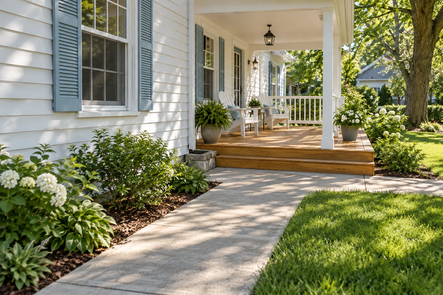 A white home with blue shutters and a timber porch, after cleaning