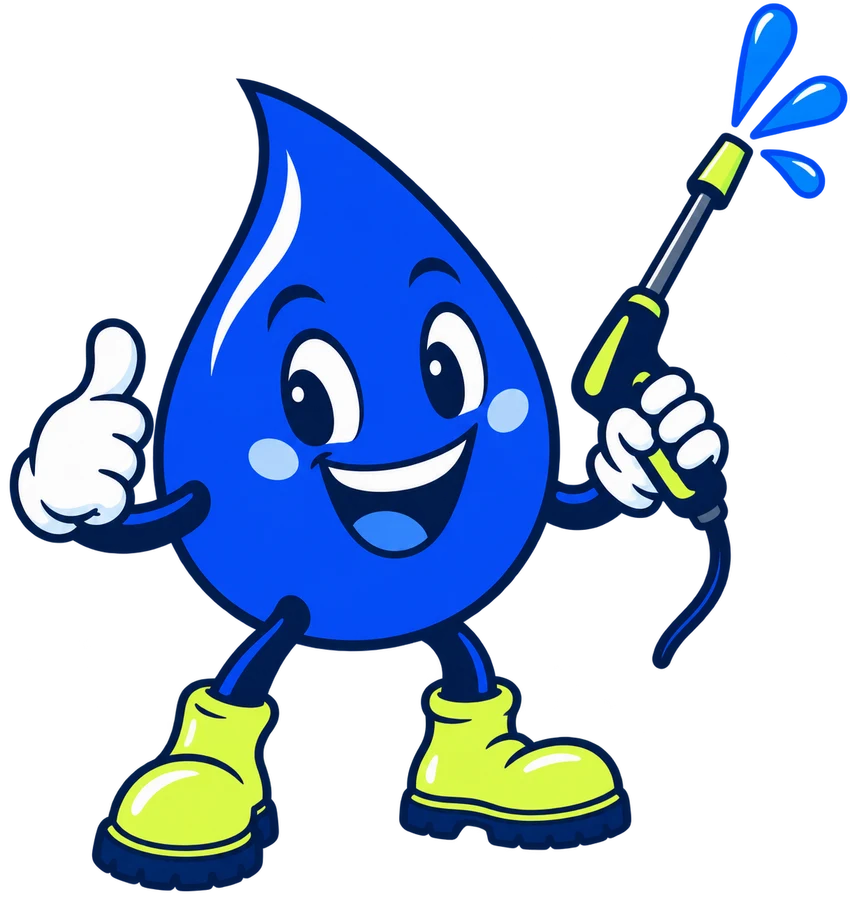 Rory, the smiling Good Rinse water drop, with lime boots and a wash wand