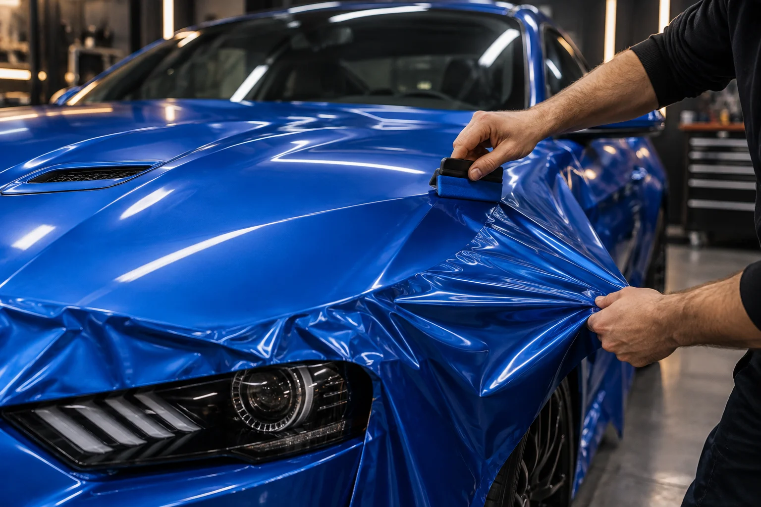 Blue vinyl carefully applied to a car hood with a felt squeegee