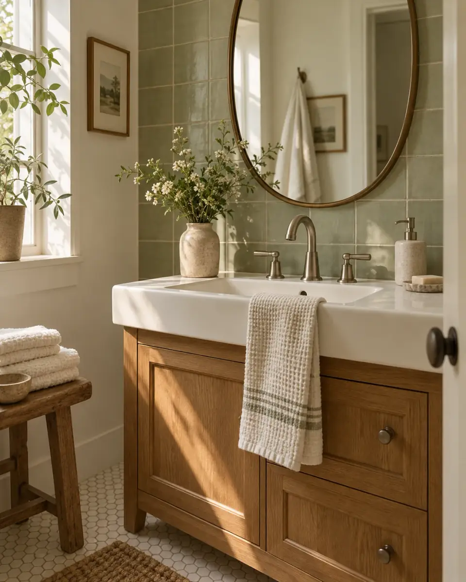 Sunlight catching clean bathroom details