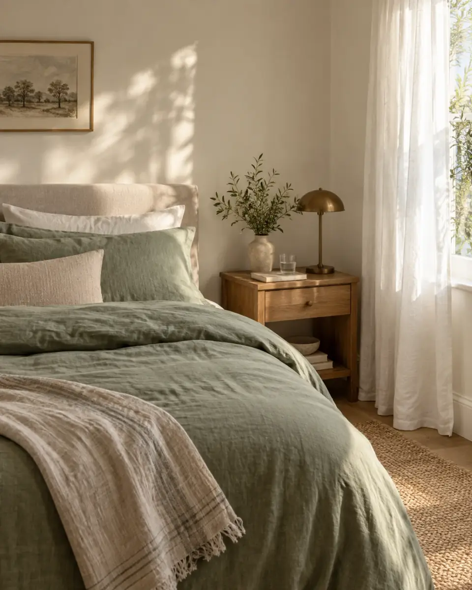 Soft morning light on a freshly made bed